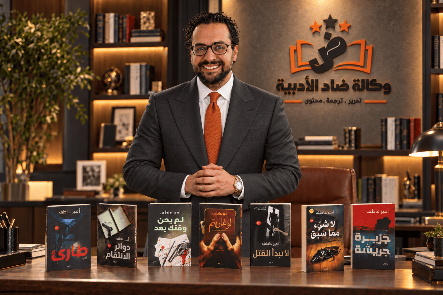 الكاتب أمير عاطف مؤسس ومدير وكالة ضاد الأدبية في مكتبه