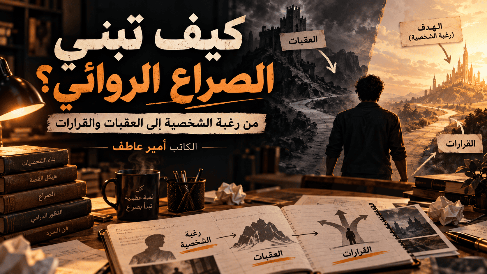 رسم يوضح بناء الصراع الروائي: شخصية تواجه عقبات في طريقها إلى هدف، وتضطر لاتخاذ قرارات