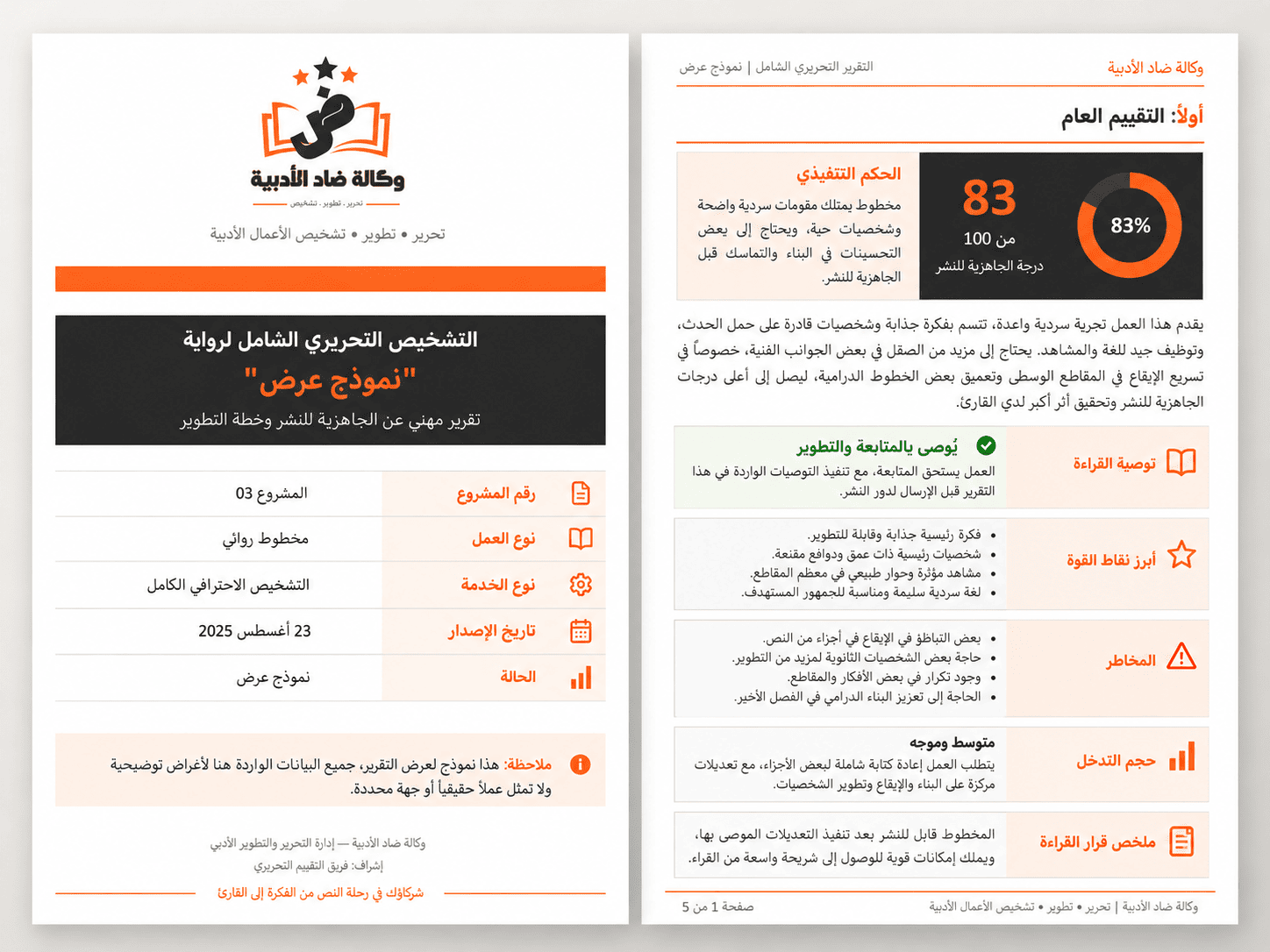 معاينة توضيحية لتقرير تقييم مخطوط من وكالة ضاد دون أسماء عملاء أو أعمال