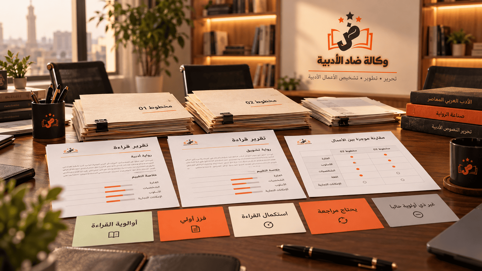مكتب فرز مخطوطات عربي مع تقارير قراءة وبطاقات قرار لدى وكالة ضاد الأدبية