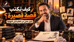 الكاتب أمير عاطف داخل مكتب أدبي، وبجواره مراحل كتابة القصة القصيرة من الفكرة والشخصية إلى الحبكة والنهاية.