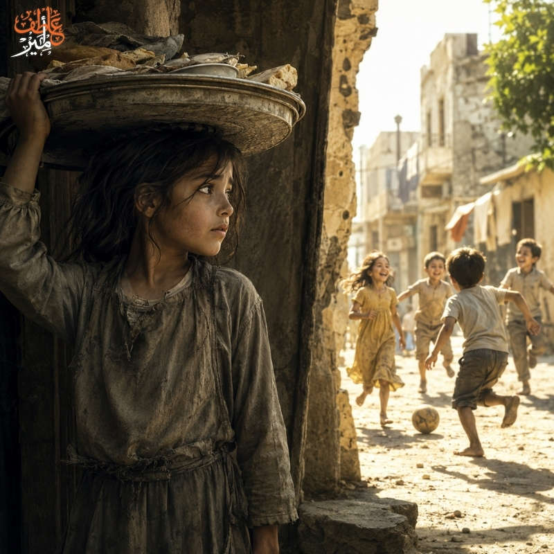 تصوير مستوحى من قصة نظرة ليوسف إدريس: طفلة تحمل صينية فوق رأسها وتتطلع إلى أطفال يلعبون كرة