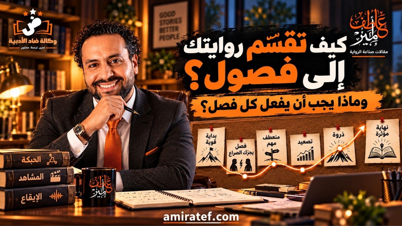 تصميم تعليمي عن تقسيم الرواية إلى فصول، تظهر فيه لوحة تخطيط لمسار الفصول وتصاعد الصراع حتى النهاية