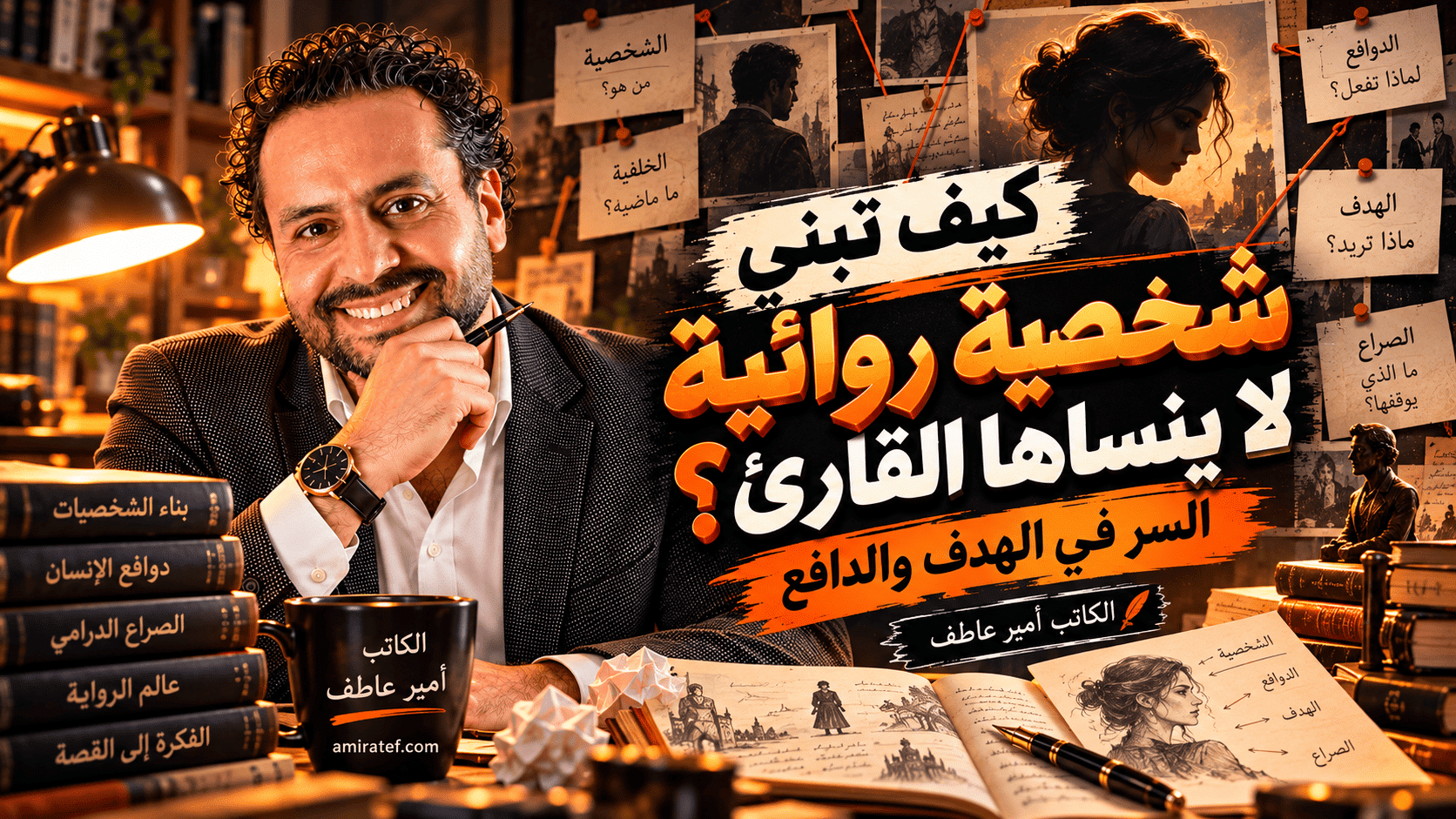 غلاف مقال بناء شخصية روائية لا ينساها القارئ؛ الكاتب أمير عاطف ومخطط بصري يوضح هدف الشخصية ودوافعها وصراعها