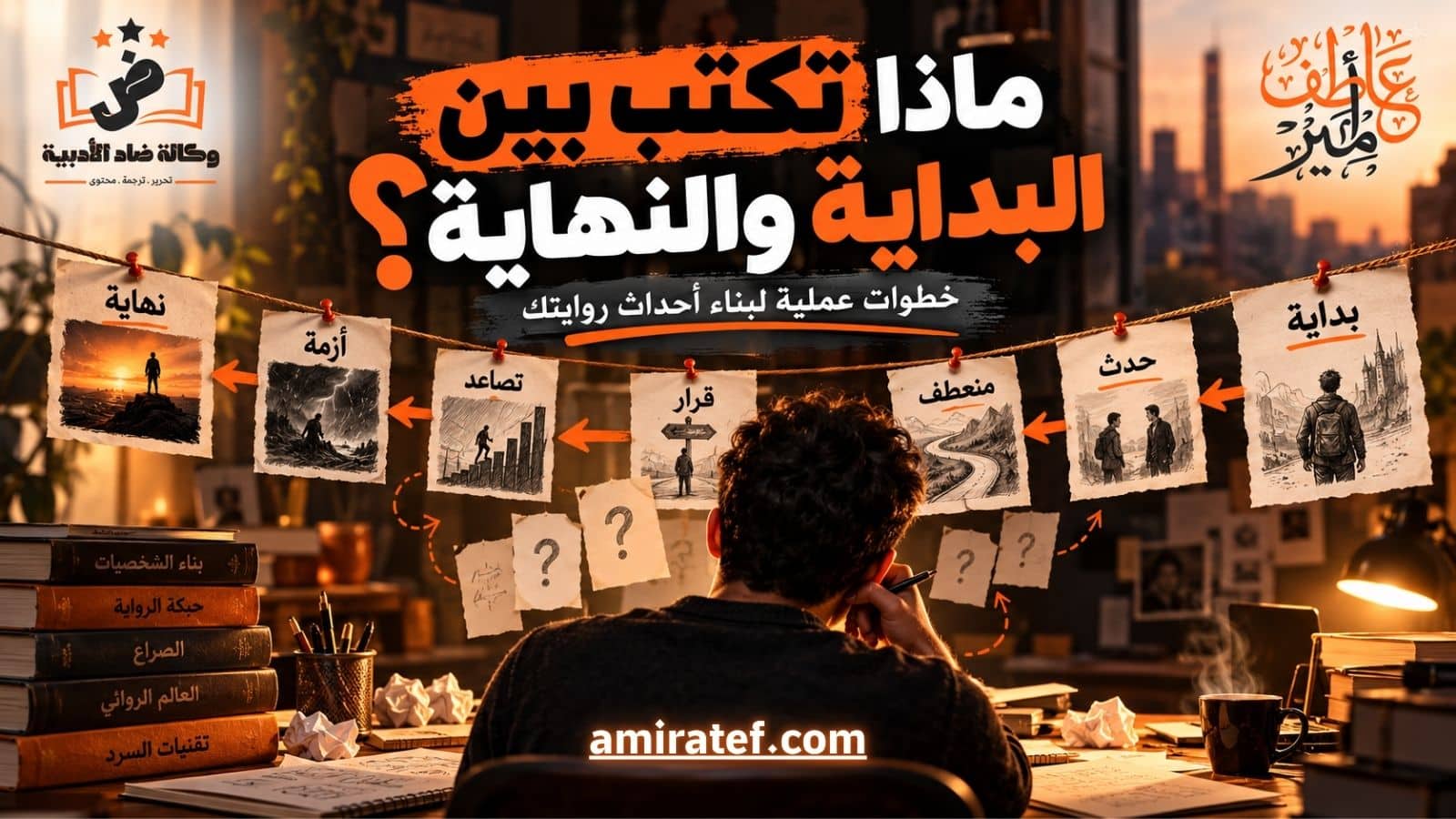 مخطط رواية على لوحة كاتب يعرض البداية والحدث والمنعطف والقرار والتصاعد والأزمة والنهاية، مع شعاري أمير عاطف ووكالة ضاد الأدبية