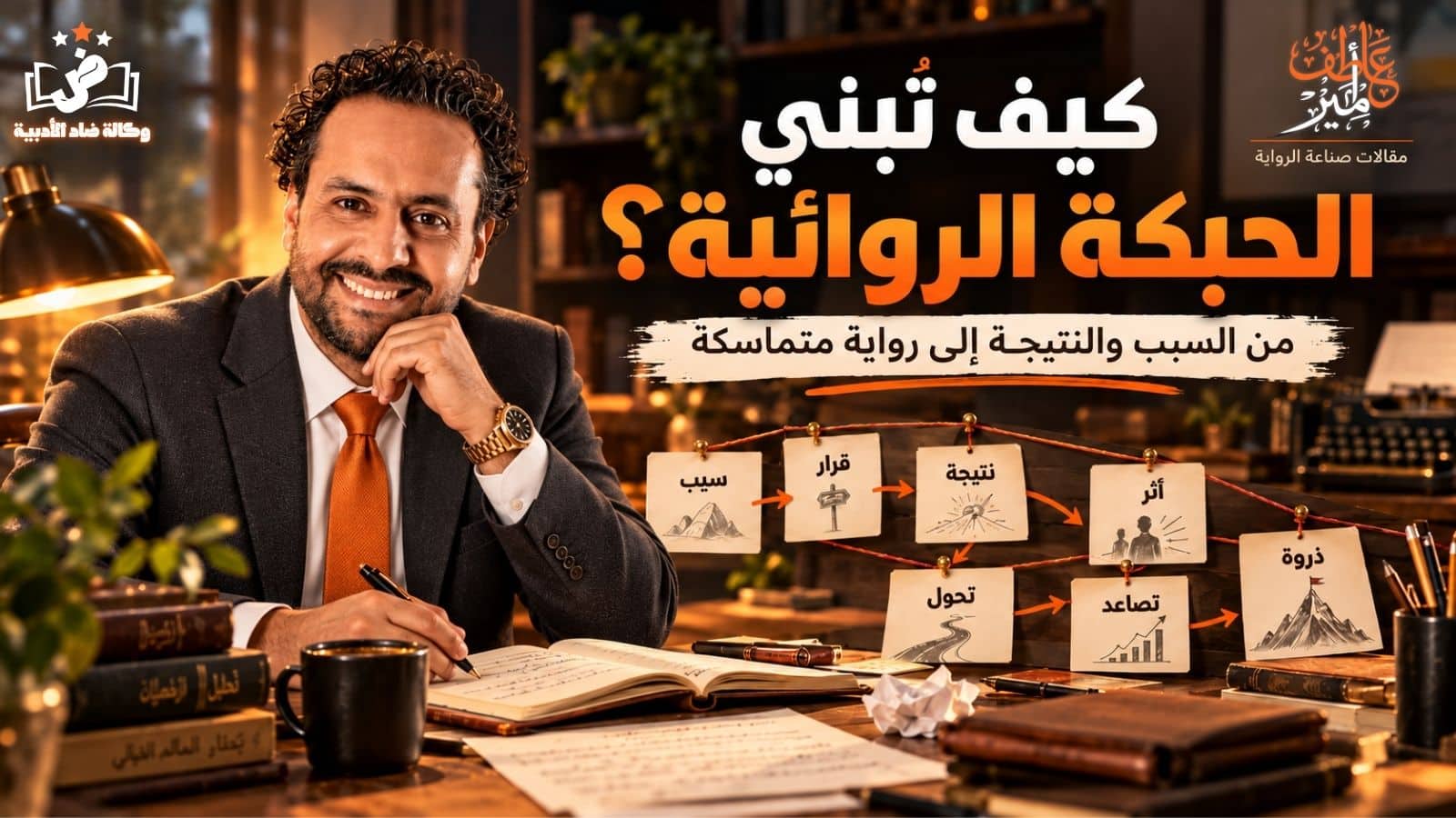 الكاتب أمير عاطف أمام مخطوط رواية ولوحة تربط السبب والقرار والنتيجة والتحول والذروة لتوضيح بناء الحبكة الروائية