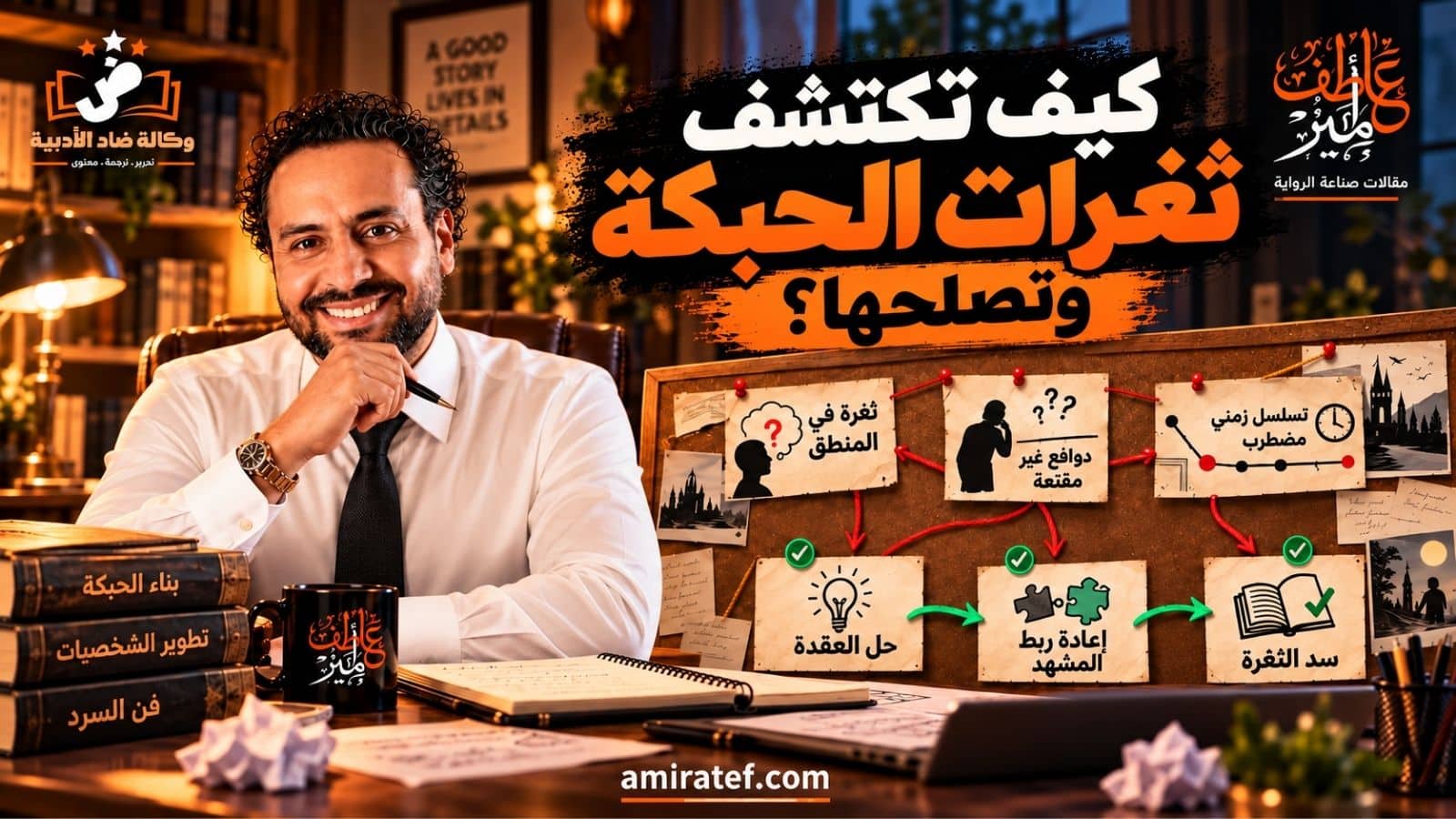 تصميم عن اكتشاف ثغرات الحبكة الروائية وإصلاحها، تظهر فيه لوحة تربط أخطاء المنطق والدوافع والتسلسل الزمني بحلول سردية