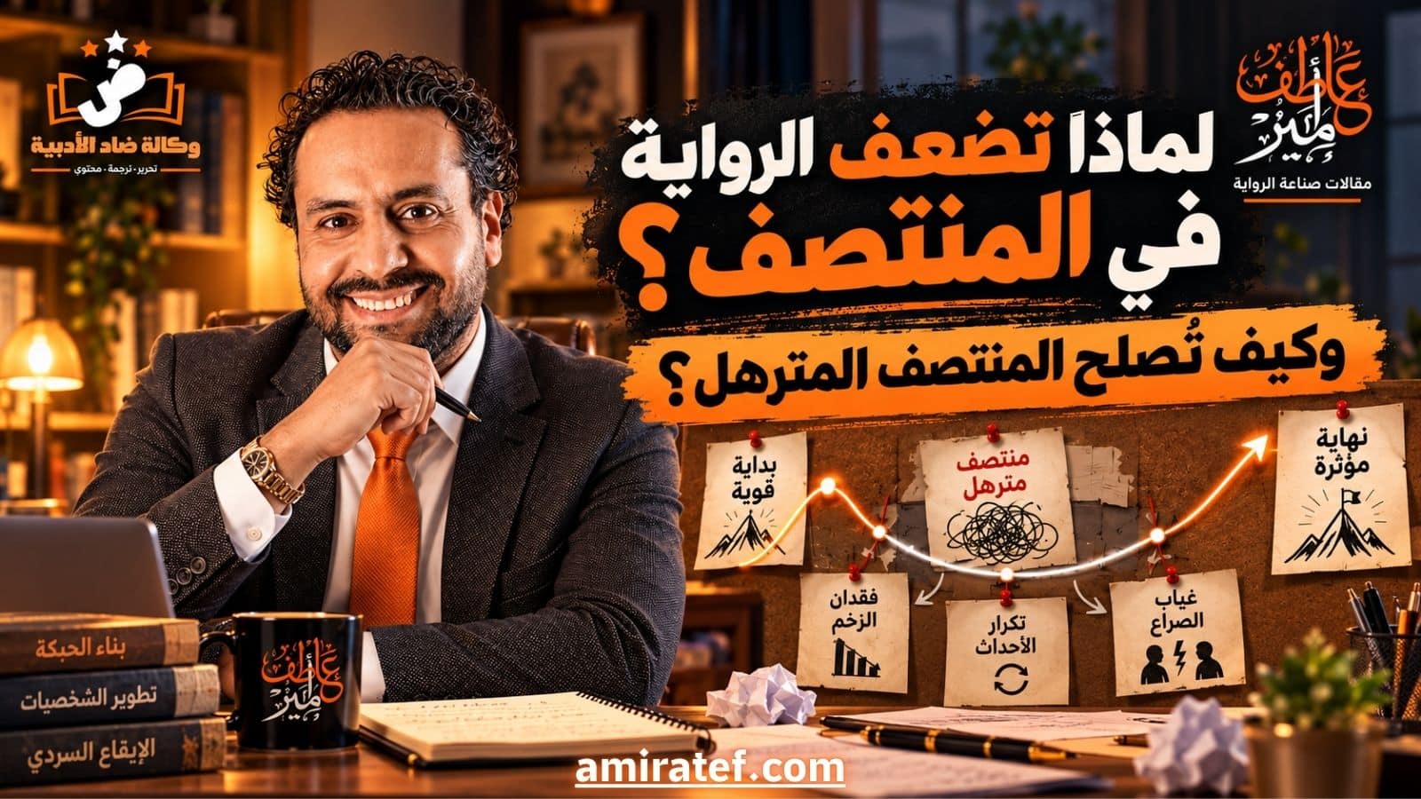 الكاتب أمير عاطف أمام مخطط يوضح هبوط إيقاع الرواية في المنتصف بسبب تكرار الأحداث وفقدان الزخم وغياب الصراع