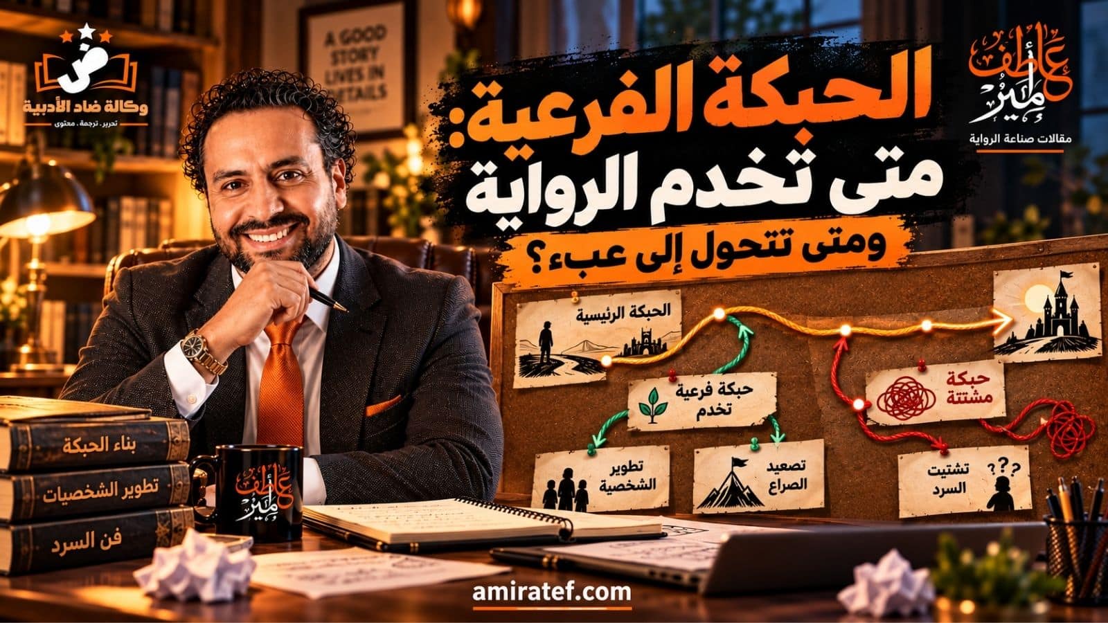 لوحة تخطيط توضح حبكة رئيسية تتصل بحبكة فرعية تدعم تطور الشخصيات والصراع، وأخرى مشتتة تبتعد عن مسار الرواية