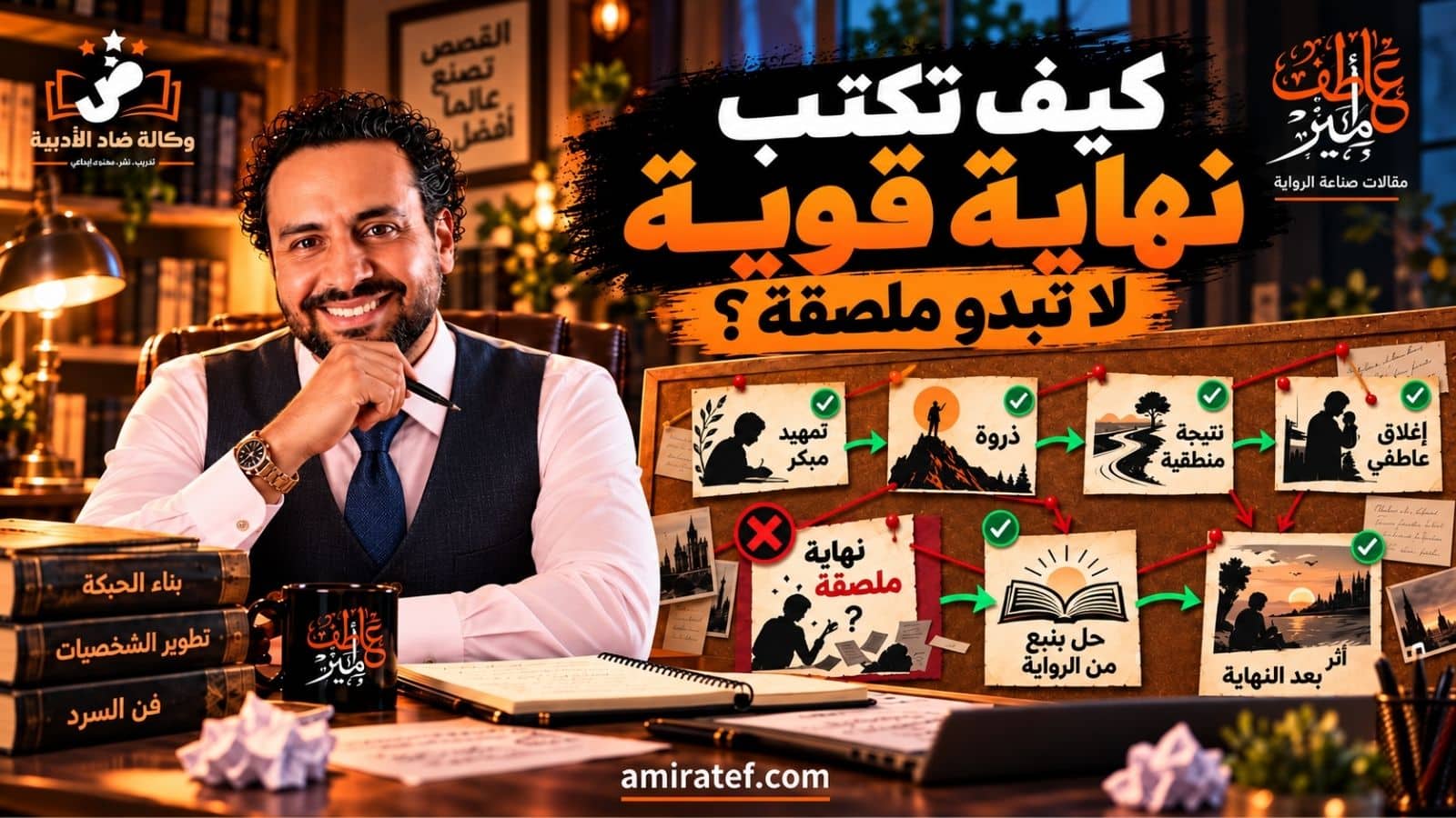 تصميم يوضح بناء نهاية قوية للرواية من التمهيد المبكر والذروة إلى النتيجة المنطقية والإغلاق العاطفي، في مقابل النهاية الملصقة