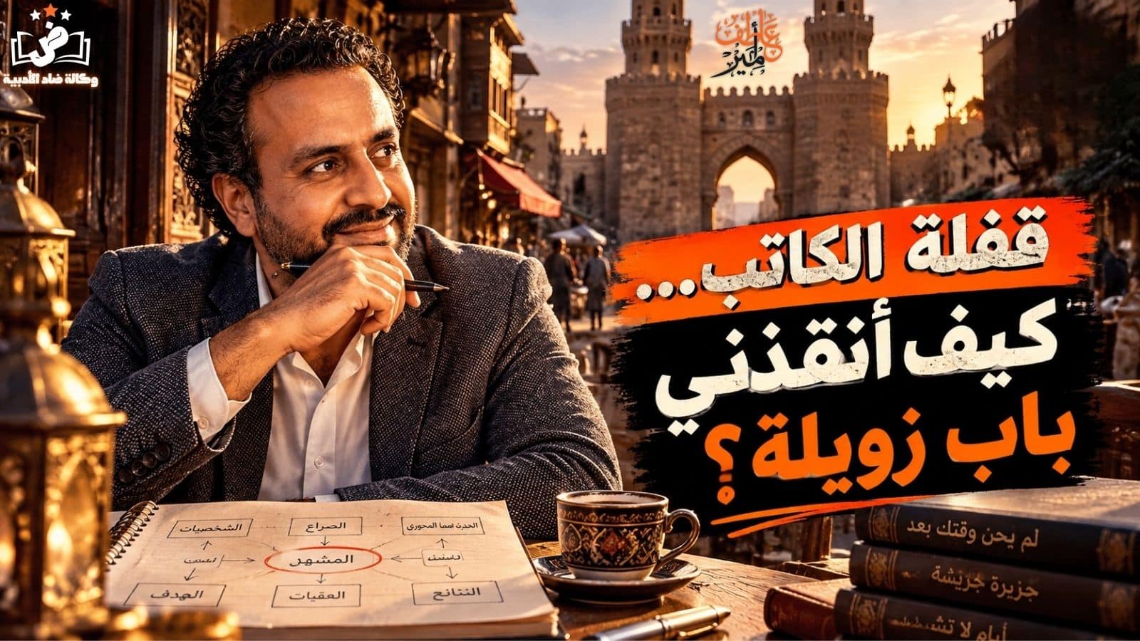 تصميم للكاتب أمير عاطف أمام باب زويلة في القاهرة، مع فنجان قهوة ودفتر لتخطيط الرواية، بعنوان قفلة الكاتب: كيف أنقذني باب زويلة؟